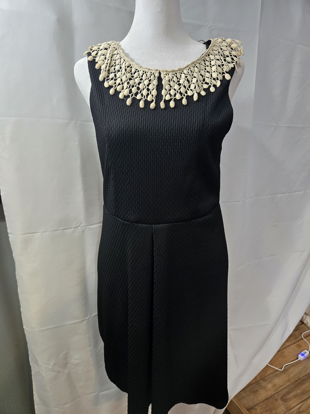 Free People Black Sleeveless Dress with Cream Crochet Bib